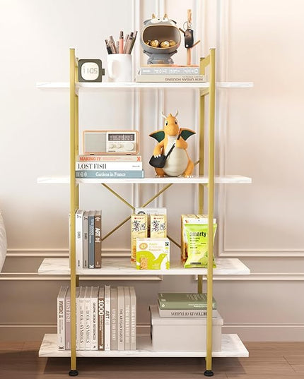 Bookshelf 4 Tiers White and Gold Wooden Storage Shelf,Modern Open Display Storage Bookcase Book Organizer,Metal Bookshelf Standing Storage Shelf Tall Shelving Units for Home Office Study - LeafyLoom