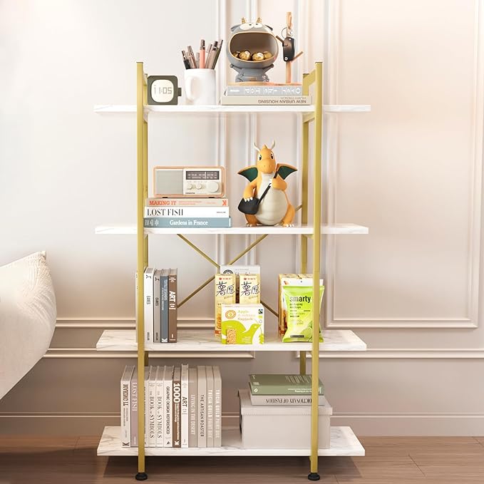 Bookshelf 4 Tiers White and Gold Wooden Storage Shelf,Modern Open Display Storage Bookcase Book Organizer,Metal Bookshelf Standing Storage Shelf Tall Shelving Units for Home Office Study - LeafyLoom