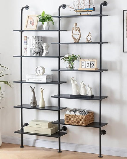 HOMBAZAAR Bookshelf,10-Tier L Shaped, Industrial Double Wide Wall Mount, Modern Bookcase with Metal Frame and Wood, Industrial Corner Pipe Shelf for Living Room and Office, Black - LeafyLoom