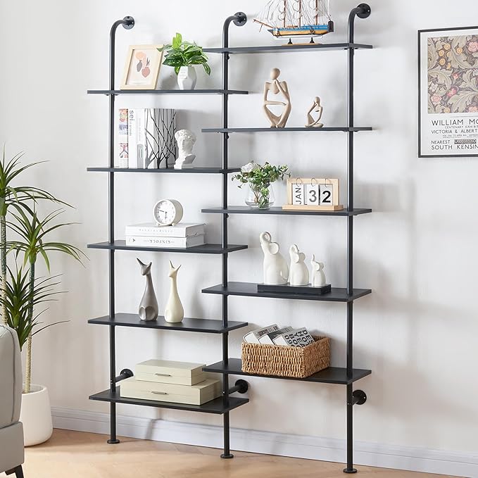 HOMBAZAAR Bookshelf,10-Tier L Shaped, Industrial Double Wide Wall Mount, Modern Bookcase with Metal Frame and Wood, Industrial Corner Pipe Shelf for Living Room and Office, Black - LeafyLoom