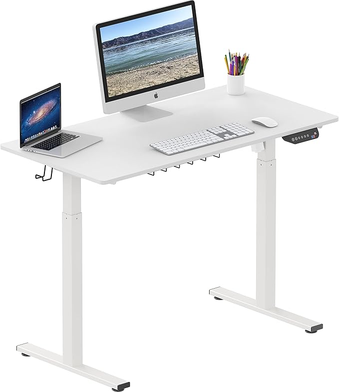 SHW Memory Preset Electric Height Adjustable Standing Desk, 48 x 24 Inches, White - LeafyLoom