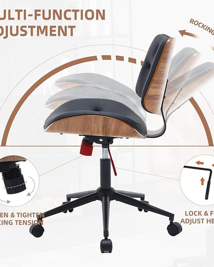 Armless Home Office Chair Modern Walnut Chair with Wheels Mid Back Swivel Computer Chair No arm Adjustable Height Leather Desk Chair for Reading,Meeting Room (Black) - LeafyLoom