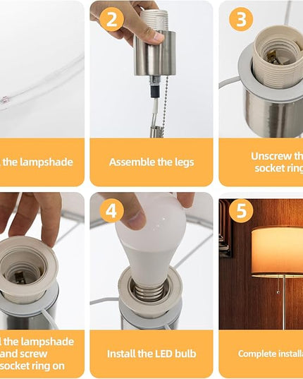 Floor Lamp, Modern Standing Lamps for Living Room with LED Bulb, 3 Color Temperature Simple Design Tall Lamps with Pull Chain Switch, Silver Pole Lamp with Lampshade for Office Reading - LeafyLoom