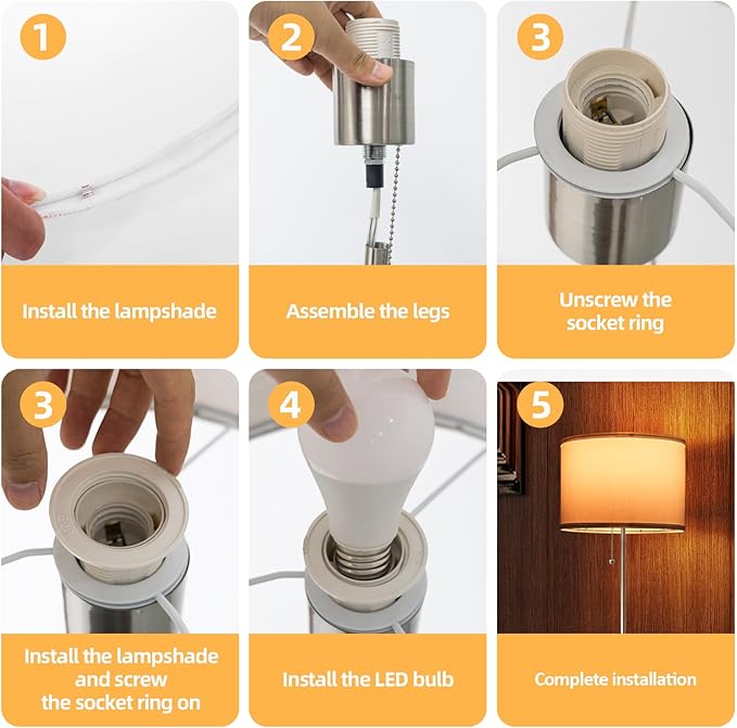 Floor Lamp, Modern Standing Lamps for Living Room with LED Bulb, 3 Color Temperature Simple Design Tall Lamps with Pull Chain Switch, Silver Pole Lamp with Lampshade for Office Reading - LeafyLoom