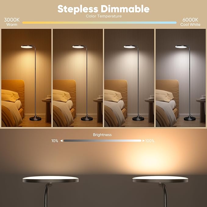 36W LED Floor Lamp, Super Bright Standing Lamp, Modern Stepless Dimmable Torchiere Tall Lamp with Remote Control, 350°Rotating Head Reading Floor Lamp for Living Room, Bedroom, Office - LeafyLoom