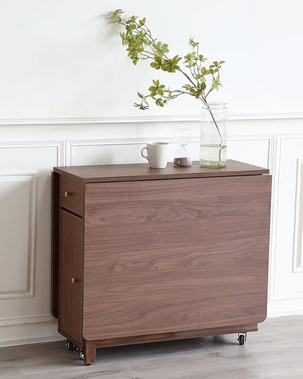 Extendable Drop Leaf Foldable Dining Table with 2 Drawers and 4 Wheels for Living Room Kitchen Farmhouse Space Saving Table in Walnut - LeafyLoom