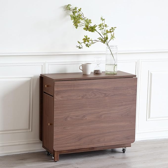 Extendable Drop Leaf Foldable Dining Table with 2 Drawers and 4 Wheels for Living Room Kitchen Farmhouse Space Saving Table in Walnut - LeafyLoom