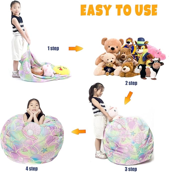 Stuffed Animal Storage Bean Bag Chair Cover, Hold Kids Plush Toys Blankets Towels Beanbag (Cover Only), Canvas Floor Circle Stuff Sit Seat Sofa with YKK Zipper, Extra Large 38", Pink Shell - LeafyLoom