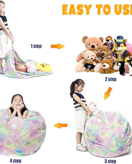 Stuffed Animal Storage Bean Bag Chair Cover, Hold Kids Plush Toys Blankets Towels Beanbag (Cover Only), Canvas Floor Circle Stuff Sit Seat Sofa with YKK Zipper, Large 32", Pink Shell - LeafyLoom