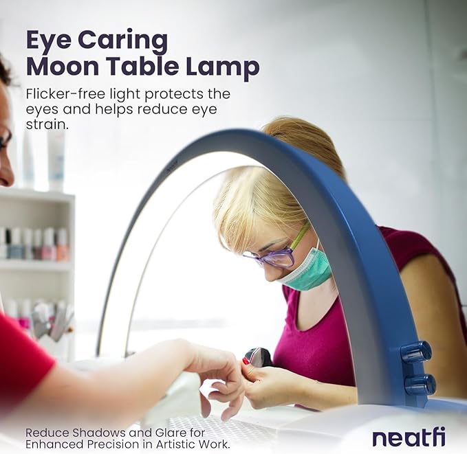 Neatfi Half Moon LED Table Lamp for Estheticians, Nail Tech, and Cosmetician, 1600 Lumens, Dimmable, 3 Light Modes, 40W, 2700K-5600K, Nail Art, Facial, Waxing, Threading, Tattoo (Modern, White) - LeafyLoom