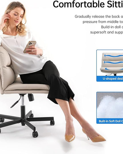 EMIAH Armless Office Desks Chair with Wheels PU-Padded Vanity Chair Mid-Back Ergonomic Home Office Computer Chair Comfortable Adjustable Swivel Task Chair with Thickened Cushion… - LeafyLoom