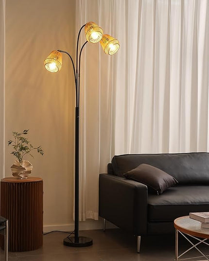 Boho Floor Lamp for Living Room, 72 Inch Tall Rattan Floor Lamp with Rotary Switch, 3-Lights Arched Floor Lamp with Rattan Shade for Coastal,Bohemian,Rustic ,Farmhouse Tree Standing Lamp for Bedroom - LeafyLoom