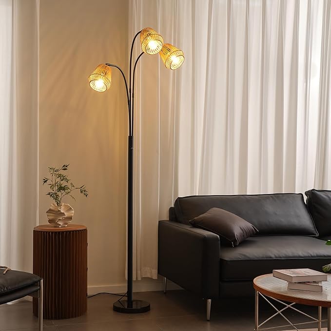 Boho Floor Lamp for Living Room, 72 Inch Tall Rattan Floor Lamp with Rotary Switch, 3-Lights Arched Floor Lamp with Rattan Shade for Coastal,Bohemian,Rustic ,Farmhouse Tree Standing Lamp for Bedroom - LeafyLoom