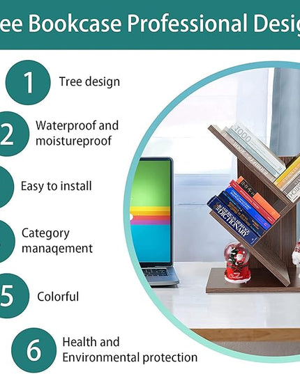 Tree Bookshelf, 3-Tier Small Book Storage Organizer Shelves Floor Standing Bookcase, Wood Storage Rack for Office Home School Shelf Display for Cd/Magazine（Dark Walnut ） - LeafyLoom