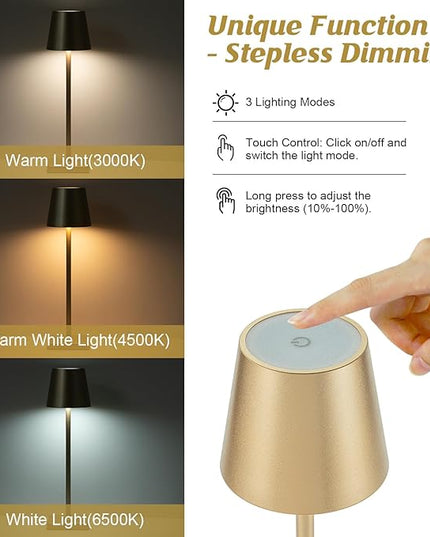 2 Pack Rechargeable Table Lamp, LED Cordless Desk Lamp, 5200mAh Battery Operated Table Light, Aluminum Shell, 3 Color Stepless Dimming Up Waterproof for Coffee Table/Indoor/Outdoor (Gold) - LeafyLoom