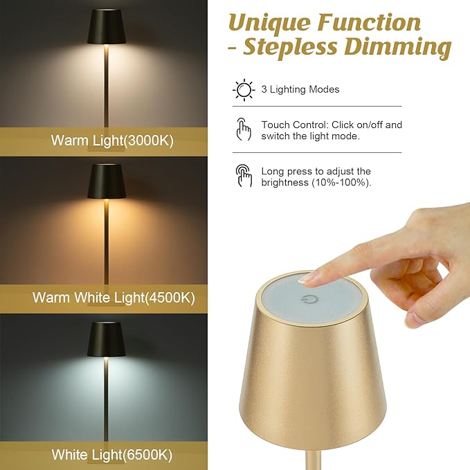 2 Pack Rechargeable Table Lamp, LED Cordless Desk Lamp, 5200mAh Battery Operated Table Light, Aluminum Shell, 3 Color Stepless Dimming Up Waterproof for Coffee Table/Indoor/Outdoor (Gold) - LeafyLoom