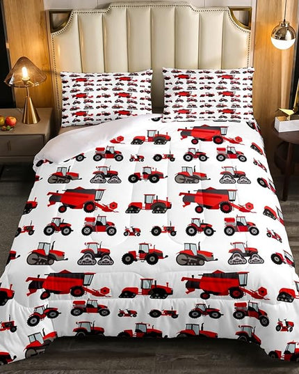 Erosebridal Red Tractor Comforter Set Full Size Heavy Equipment Truck Down Comforter Kids Boys Girls Teens Harvester Tractor Bedding Set Construction Excavator Farm Equipment Quilt Set - LeafyLoom