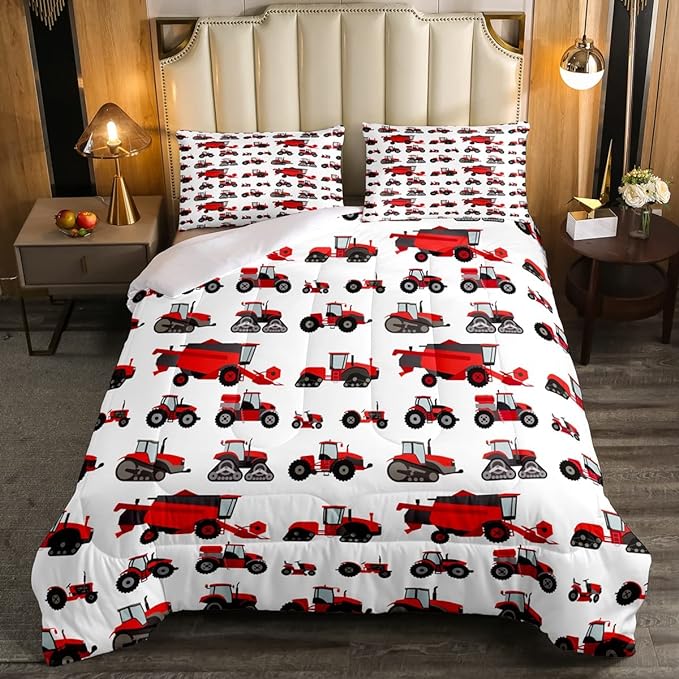 Erosebridal Red Tractor Comforter Set Full Size Heavy Equipment Truck Down Comforter Kids Boys Girls Teens Harvester Tractor Bedding Set Construction Excavator Farm Equipment Quilt Set - LeafyLoom