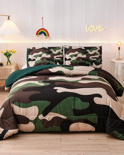 Meeting Story Camouflage Bedding Set, green Colorful Pattern Queen Comforter Set, 3 PCS One Comforter and Two Pillowcases in One Bag, All Season Bedspread for Teens Adults (green, King) - LeafyLoom