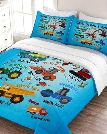 Boys Construction Vehicles Truck Comforter Set Queen,Christian Kids God Says I Am Construction Bedding Set,Car Excavator Tractor Bedroom Set（1 Comforter 2 Pillowcase） Blue - LeafyLoom