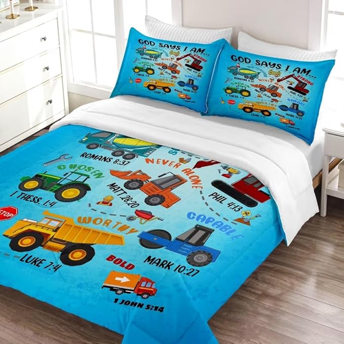Boys Construction Vehicles Truck Comforter Set Queen,Christian Kids God Says I Am Construction Bedding Set,Car Excavator Tractor Bedroom Set（1 Comforter 2 Pillowcase） Blue - LeafyLoom