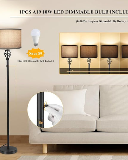 Floor Lamps for Living Room, Standing Lamp for Bedroom, Modern Floor Lamp with Gray Linen Shade, Rotary Switch, 2700K 10W Bulb Included, Stepless Dimmable Floor lamp, Classic Tall Lamp for Office - LeafyLoom
