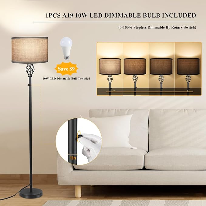 Floor Lamps for Living Room, Standing Lamp for Bedroom, Modern Floor Lamp with Gray Linen Shade, Rotary Switch, 2700K 10W Bulb Included, Stepless Dimmable Floor lamp, Classic Tall Lamp for Office - LeafyLoom