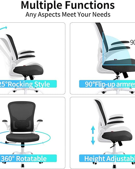 Ergonomic Office Desk Chair Breathable Mesh Swivel Computer Chair, Lumbar Back Support Task Chair, Office Chairs with Wheels and Flip-up Arms, Adjustable Height (White & Black) - LeafyLoom