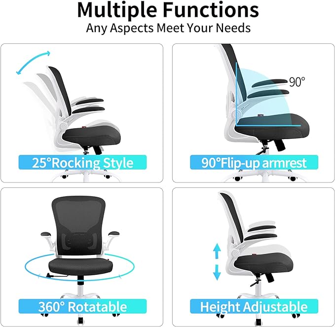 Ergonomic Office Desk Chair Breathable Mesh Swivel Computer Chair, Lumbar Back Support Task Chair, Office Chairs with Wheels and Flip-up Arms, Adjustable Height (White & Black) - LeafyLoom