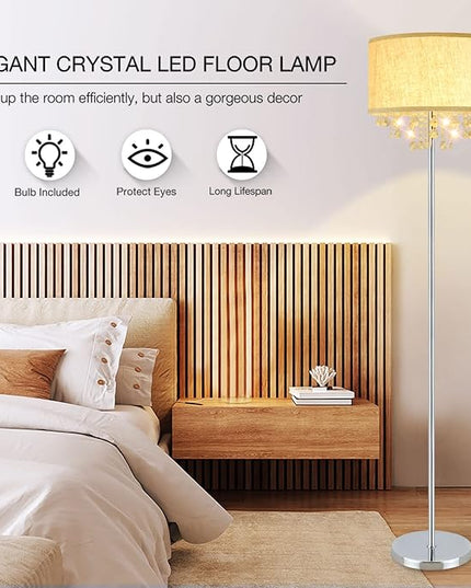 DINGLILIGHTING DLLT Crystal Floor Lamp for Living Room Modern Standing Lamp for Bedroom, Chrome Finish 64” Tall Pole LED Floor Lamp, 9W Bulb Included, Fabric Shade, Silver - LeafyLoom