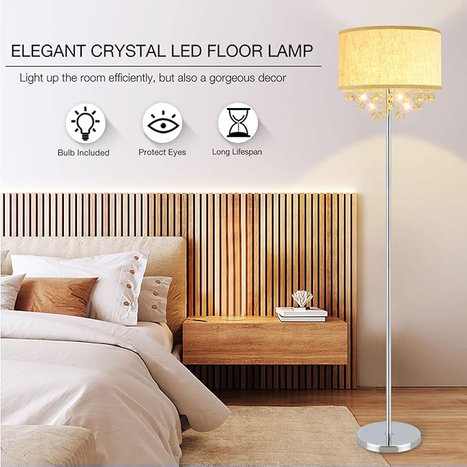 DINGLILIGHTING DLLT Crystal Floor Lamp for Living Room Modern Standing Lamp for Bedroom, Chrome Finish 64” Tall Pole LED Floor Lamp, 9W Bulb Included, Fabric Shade, Silver - LeafyLoom