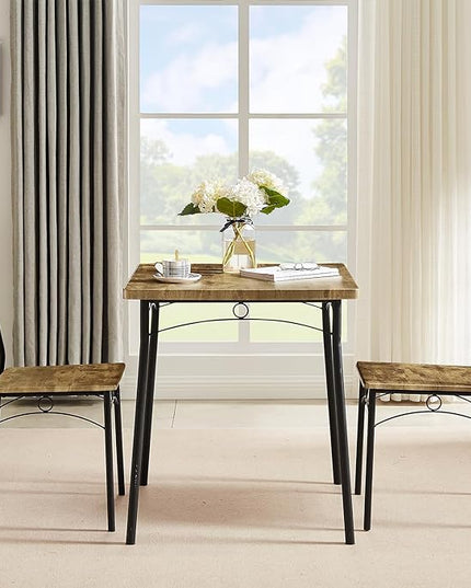 VECELO Dining Table Set for 2 Metal and Wood Square Kitchen Breakfast Nook, 3 Piece Dinette with Chairs, 27.5", Brown - LeafyLoom