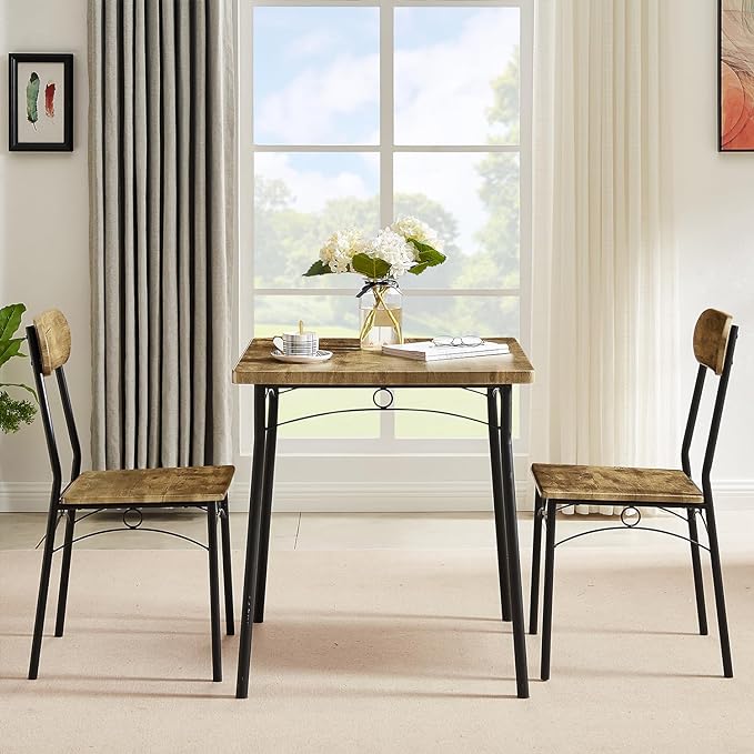 VECELO Dining Table Set for 2 Metal and Wood Square Kitchen Breakfast Nook, 3 Piece Dinette with Chairs, 27.5", Brown - LeafyLoom