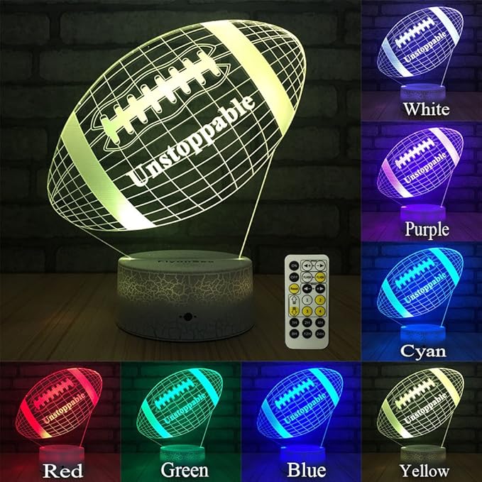 Football lamp, Rugby Ball Bedside Lamp 7 Colors Change + Remote Control with Timer Kids Night Light Optical Illusion Lamps for Kids Lamp As a Gift Ideas for Boys or Kids - LeafyLoom