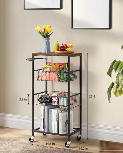 NORCEESAN Rolling Storage Cart 4 Tier Kitchen Cart on Wheels Metal Mobile Utility Cart with Storage Basket Shelf Bathroom Organizer Cart with Handle Pantry Trolley Cart with Tabletop for Home Office - LeafyLoom