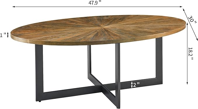 Solid Wood Oval Coffee Table with Cross Metal Legs, 47.9" Industrail Bar Cocktail Table for Living Room Kitchen Office Sofa Table Bristro Table for Cafe/Bar Rustic Brown 1831 - LeafyLoom