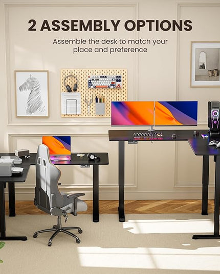 ErGear 63" Dual Motor L Shaped Standing Desk, 28"-46" Electric Height Adjustable, 2 Assembly Options to Fit Room Corner, Suitable for Sitting or Standing Up for Working or Gaming from Home, Black - LeafyLoom