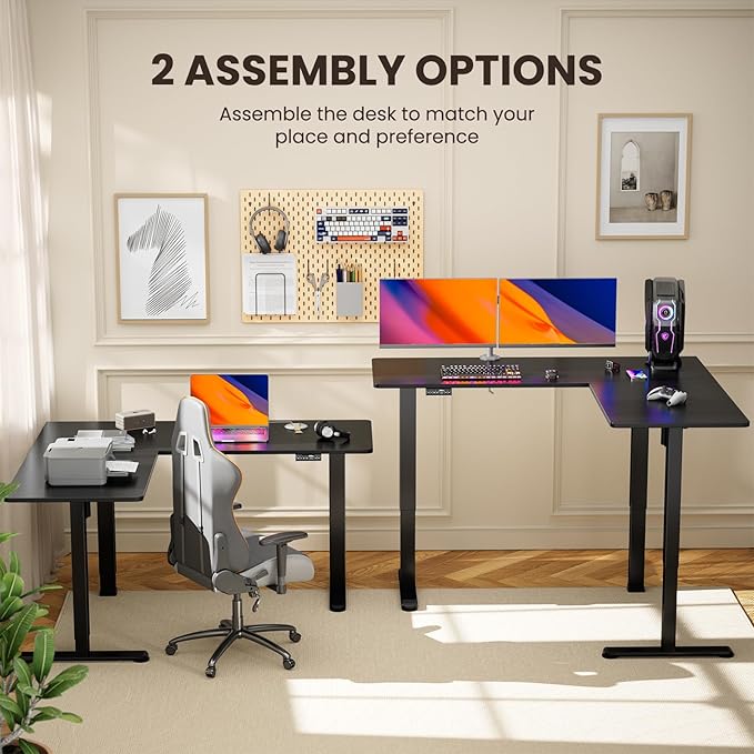 ErGear 63" Dual Motor L Shaped Standing Desk, 28"-46" Electric Height Adjustable, 2 Assembly Options to Fit Room Corner, Suitable for Sitting or Standing Up for Working or Gaming from Home, Black - LeafyLoom