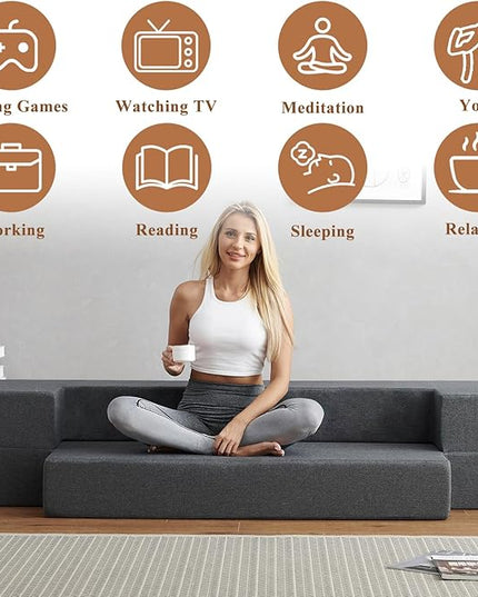 Convertible Folding Sofa - Modern Linen Fabric Coffee Table, Foldable Floor & Futon Couch, Space-Saving Chair with Pillow for Living Room/Dorm/Guest Room/Home Office/Apartment,Twin XL,Dark Gray - LeafyLoom