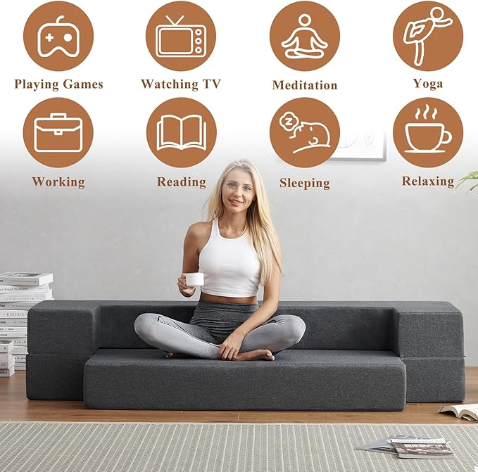 Convertible Folding Sofa - Modern Linen Fabric Coffee Table, Foldable Floor & Futon Couch, Space-Saving Chair with Pillow for Living Room/Dorm/Guest Room/Home Office/Apartment,Twin XL,Dark Gray - LeafyLoom