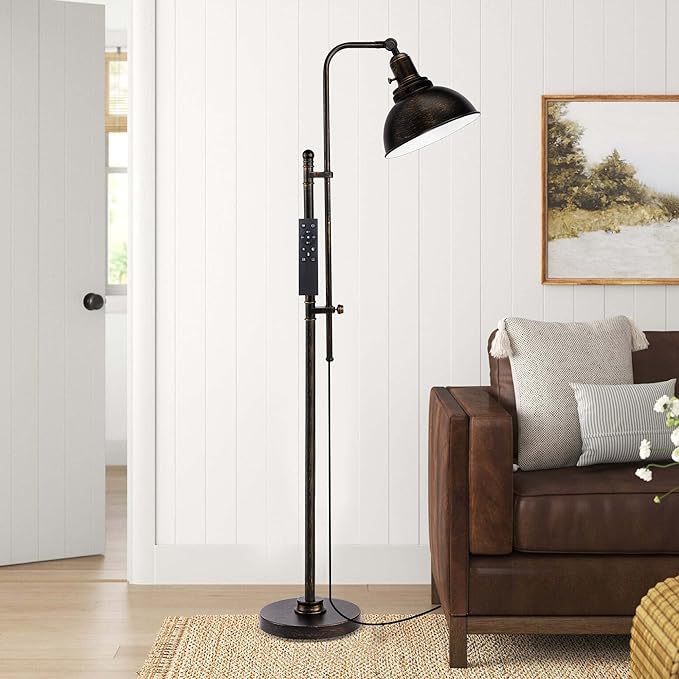 PARTPHONER Industrial Floor Lamp Adjustable, Rustic Farmhouse Reading Lamp in Aged Black Finish, Modern Standing Lamp with Remote Control Metal Shade for Living Room Bedroom Study Room Office Hotel - LeafyLoom