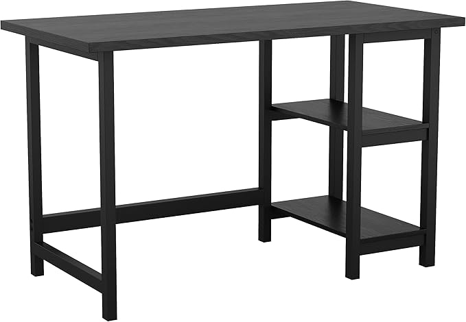 Martha Stewart Beckett Modern Trestle Desk with Open Side Shelving in Black Wood Grain Finish - LeafyLoom