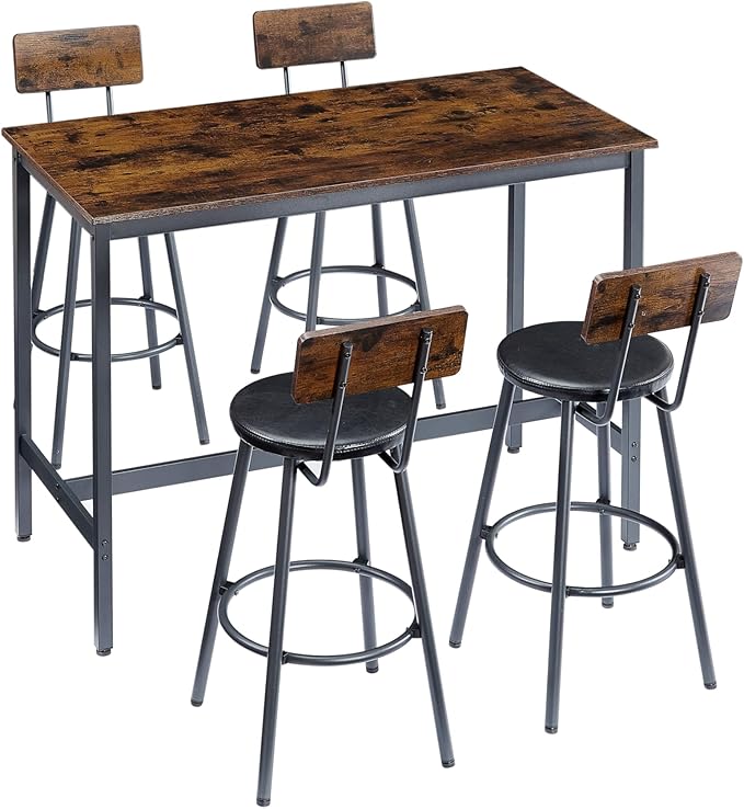 NicBex Dining Room Table Set for 4 Breakfast Nook Table Set Pub High Dining Table 5 Piece Set with 4 Pu Leather Bar Chairs for Kitchen Dining Room, Industrial Style, Rustic Brown - LeafyLoom
