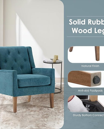 COLAMY Mid-Century Accent Chairs, Modern Wingback Living Room Chair, Upholstered Armchair with Button Tufted Back and Wood Legs for Bedroom/Office/Reading Spaces, Teal - LeafyLoom