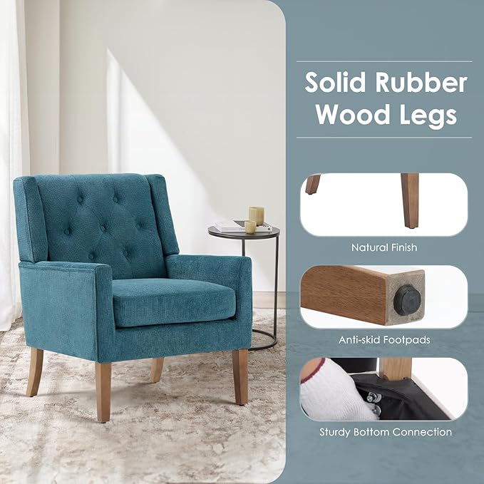 COLAMY Mid-Century Accent Chairs, Modern Wingback Living Room Chair, Upholstered Armchair with Button Tufted Back and Wood Legs for Bedroom/Office/Reading Spaces, Teal - LeafyLoom