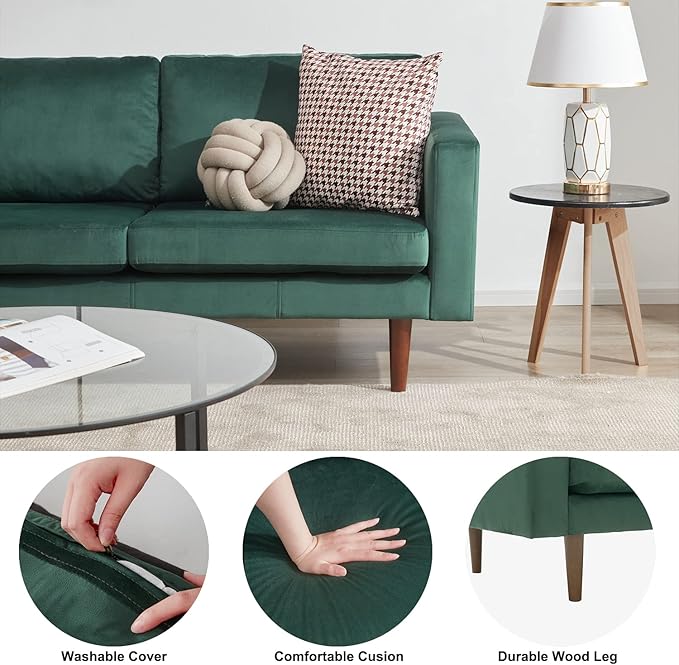 Dreamsir 65'' Velvet Sofa Couch, Mid-Century Modern Sofa Loveseat with Solid Wooden Frame & Padded Cushions, 2-Seater Love Seat for Living Room, Apartment, Lounge Room (Vintage Green) - LeafyLoom
