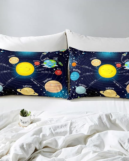 Erosebridal Outer Space Comforter Set Starry Sky Bedding Set King Size for Kids Boys Girls Room Galaxy Planet Space Duvet Sets Solar System Cartoon Down Comforter 3 Pieces with 2 Pillow Cases, Blue - LeafyLoom