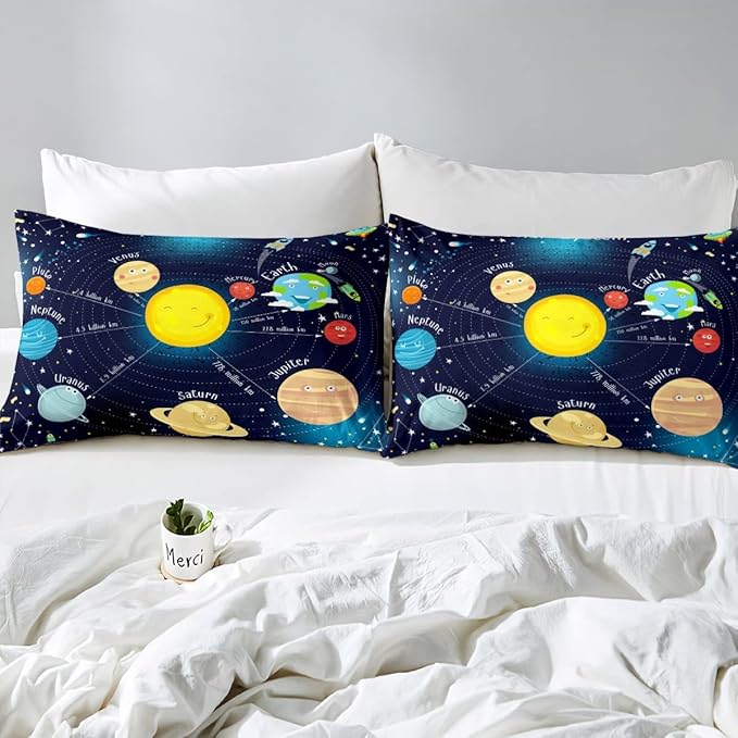 Erosebridal Outer Space Comforter Set Starry Sky Bedding Set King Size for Kids Boys Girls Room Galaxy Planet Space Duvet Sets Solar System Cartoon Down Comforter 3 Pieces with 2 Pillow Cases, Blue - LeafyLoom
