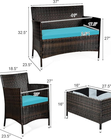 LUARANE 4-Piece Rattan Patio Furniture Set, Outdoor Wicker Sofa Couch Table Set, w/Thick Seat Cushions Tempered Glass Coffee Table, Conversation Set for Lawn Garden Poolside Backyard (Turquoise) - LeafyLoom