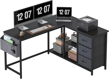 Treesland L Shaped Desk with Drawers, Computer Desk with Storage & Shelves, Corner Desk with Storage, Home Office Desks with Drawers, L Shape Desks with Storage, Black - LeafyLoom